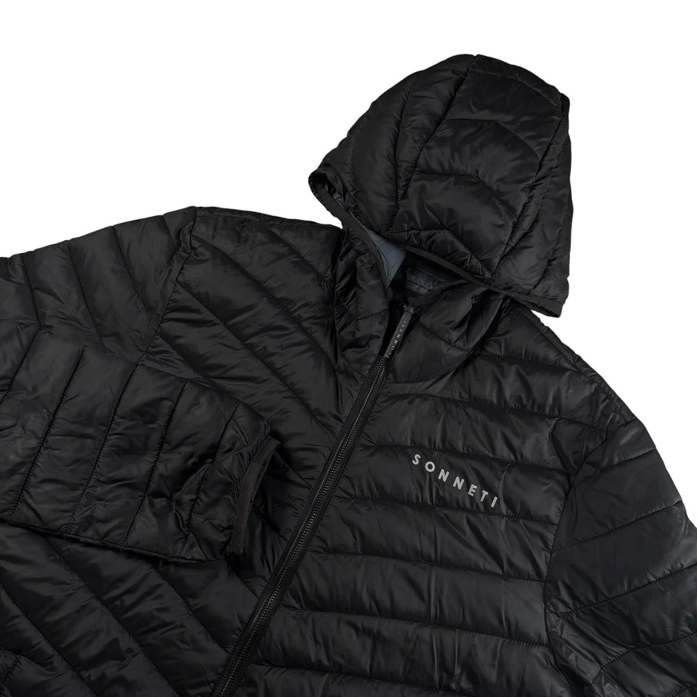 Sonneti Puffer Jacket Mens M Black Hooded Quilted Full Zip Lightweight warm